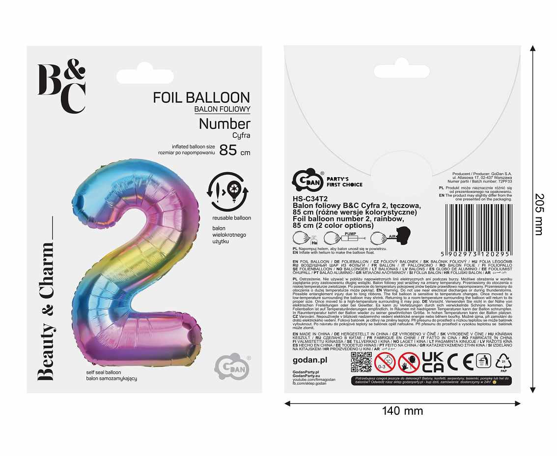 Foil balloon number 2, rainbow, 85 cm